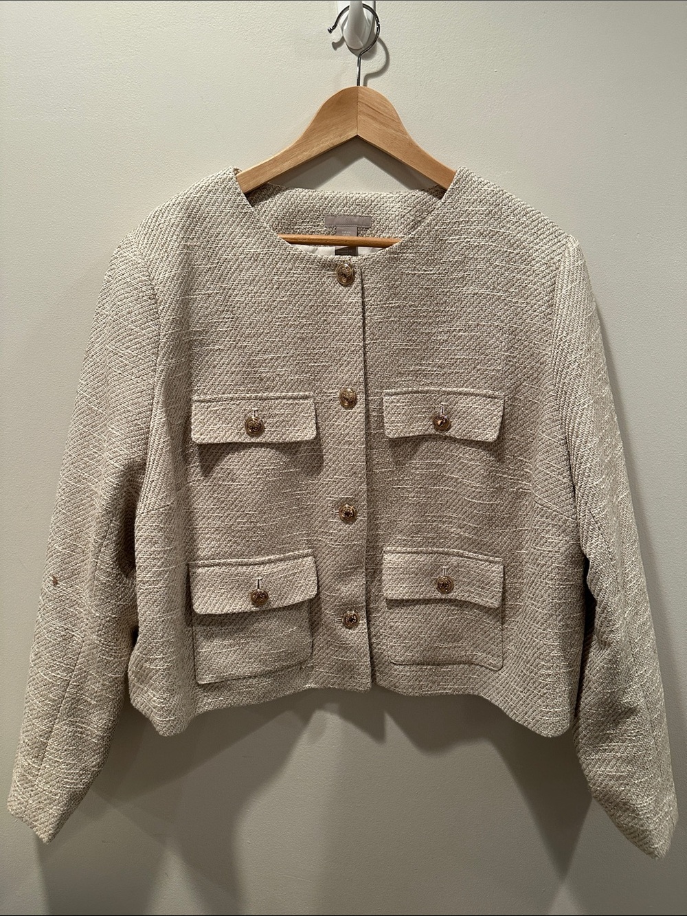 H&M Cream Textured Collarless Jacket